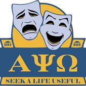 Alpha Psi Omega emblem featuring the masks of comedy and tragedy